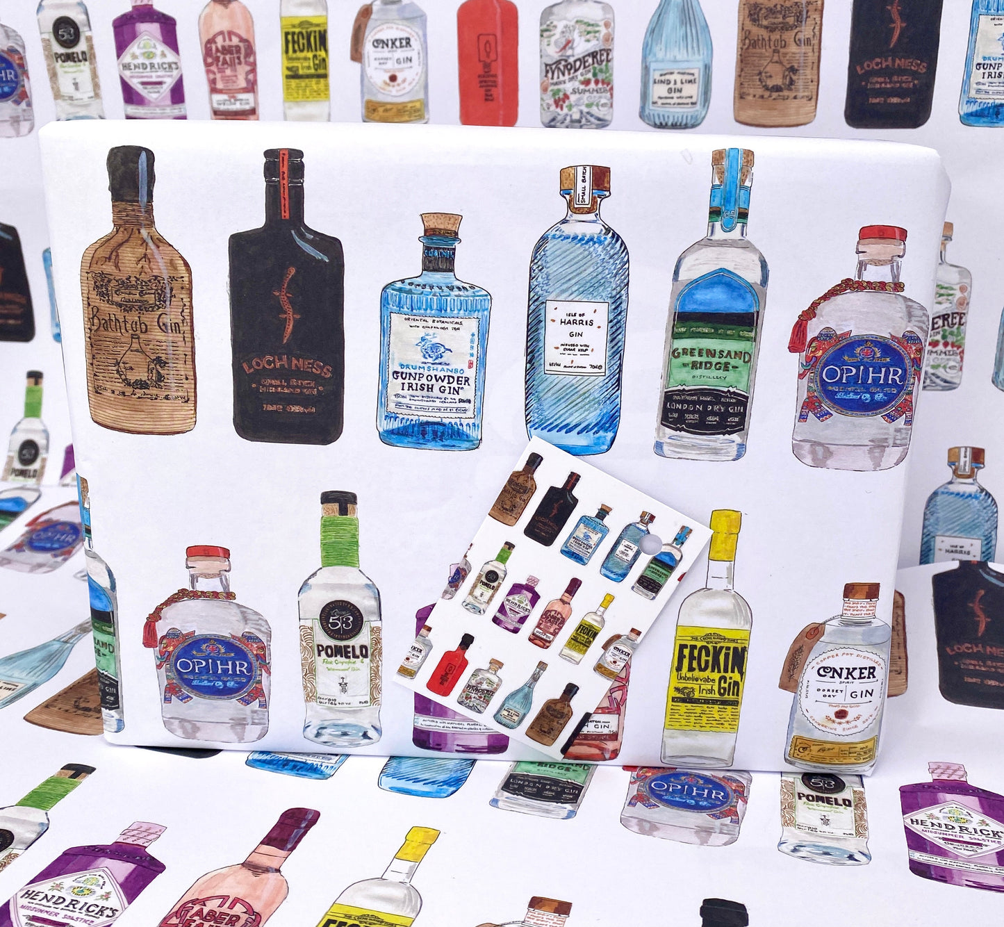 Hand Painted Gin Bottles Gift Wrap and Matching Gift Tag - Rolled