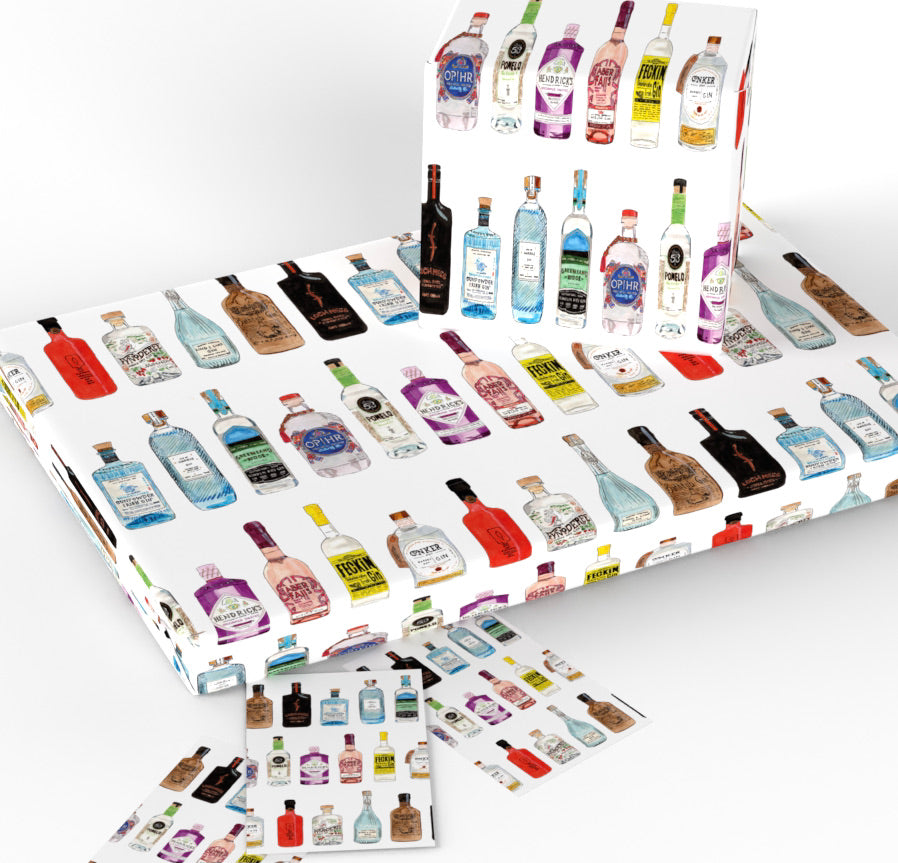 Hand Painted Gin Bottles Gift Wrap and Matching Gift Tag - Rolled