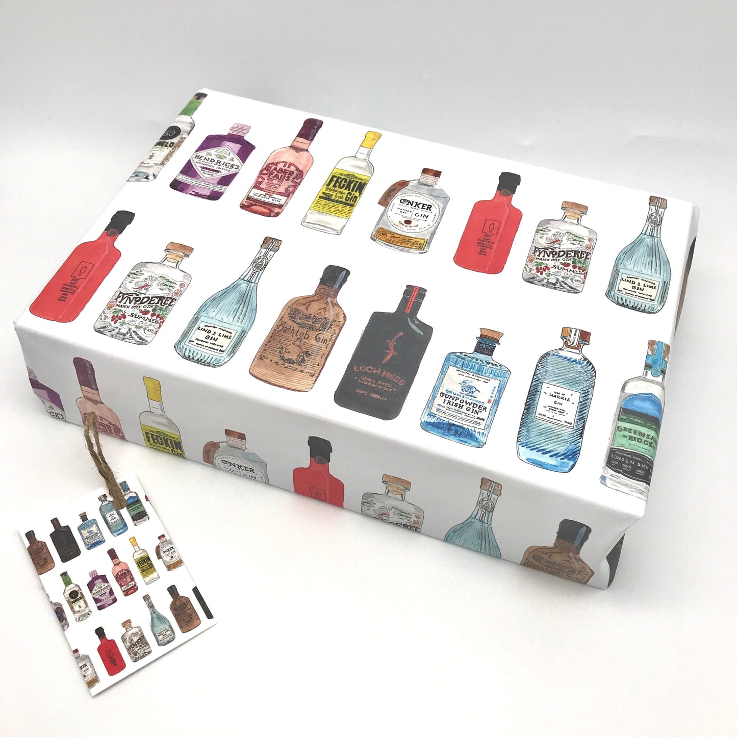 Hand Painted Gin Bottles Gift Wrap and Matching Gift Tag - Rolled