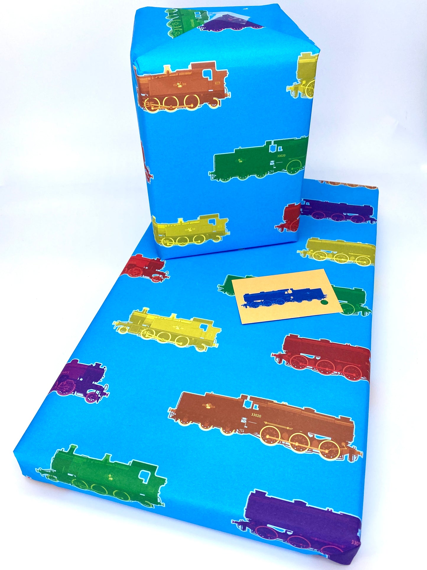 Fun  Steam Trains Gift Wrap and Contrasting Gift Tag